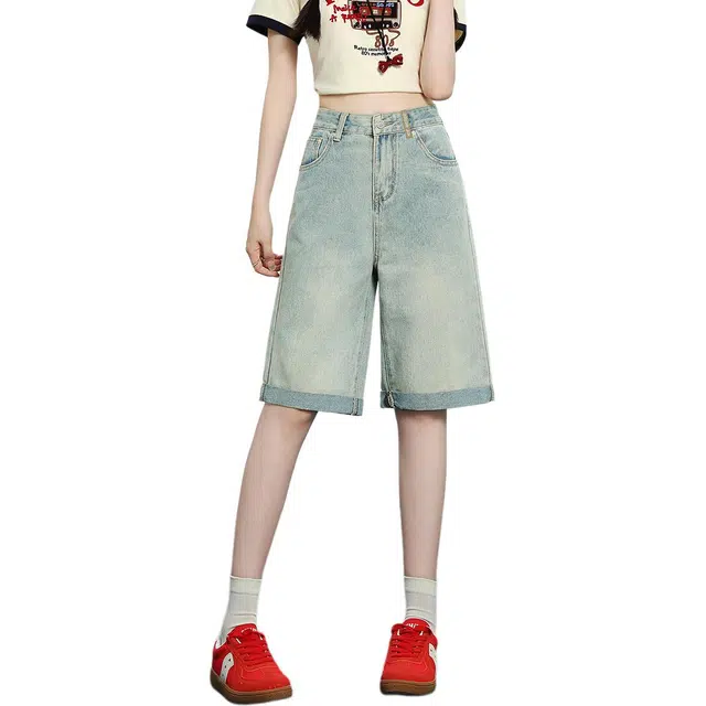 法文箱子 复古做旧直筒纯色常规高腰五分裤牛仔短裤 女款