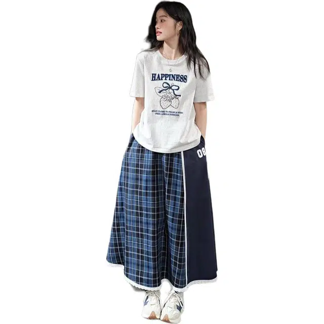 哒头下雨不愁 撞色格纹拼接简约休闲长裙 女款