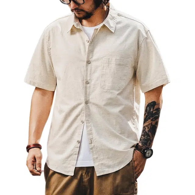 格蓝鹿 夏季 美式复古时尚简约男士短袖垂感纽扣式设计纯色大码翻领式髙街痞帅经典百搭半袖上衣衬衫 宽松 男女同款