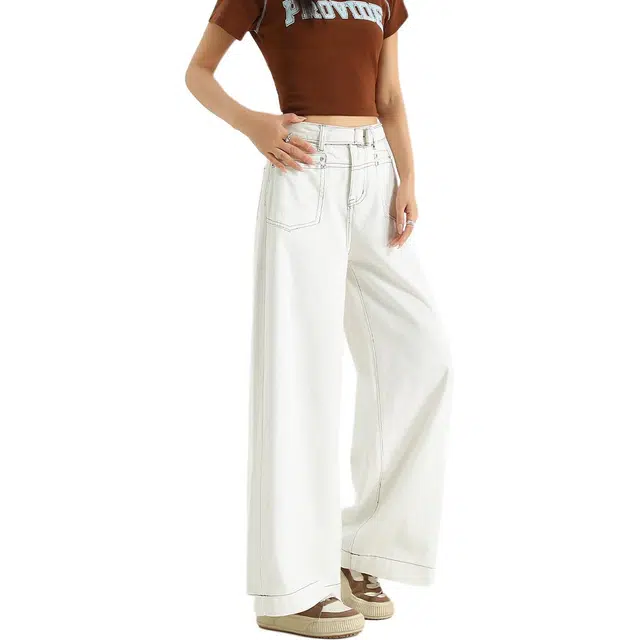 法文箱子 简约百搭休闲纯色宽松高腰长裤牛仔裤 女款