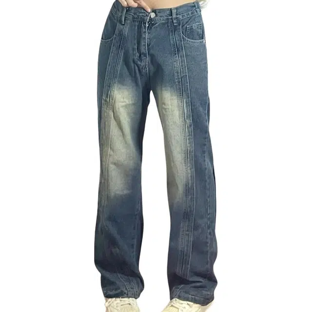 冈哉 美式复古高街水洗明线装饰设计做旧高级感潮牌阔腿拖地裤舒适透气直筒弯刀裤宽松通勤休闲牛仔裤 男女同款