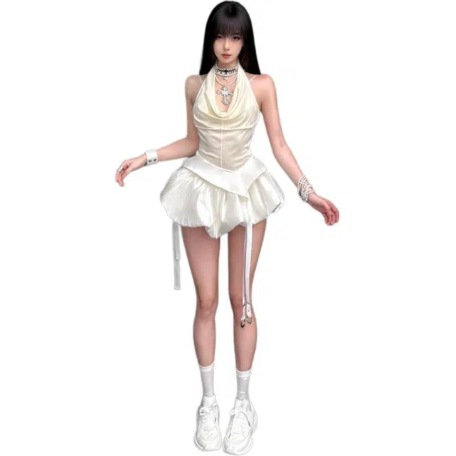 沐晓欣 纯色拼接高腰修身适中无袖裙装套装 女款