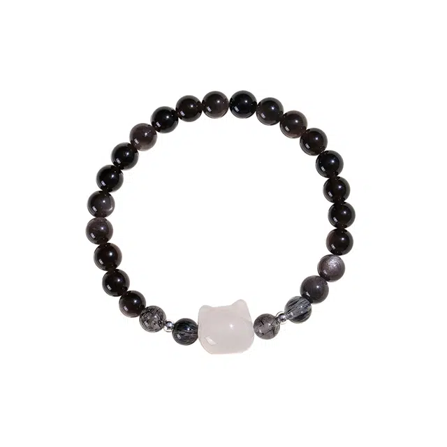 翠雅金楼 新中式招财猫 创意国潮黑白猫咪手链一对 萌趣可爱小众设计招财转运#好运 甜蜜示爱约会恋爱告白天然 黑曜石 手串 男女同款情侣款