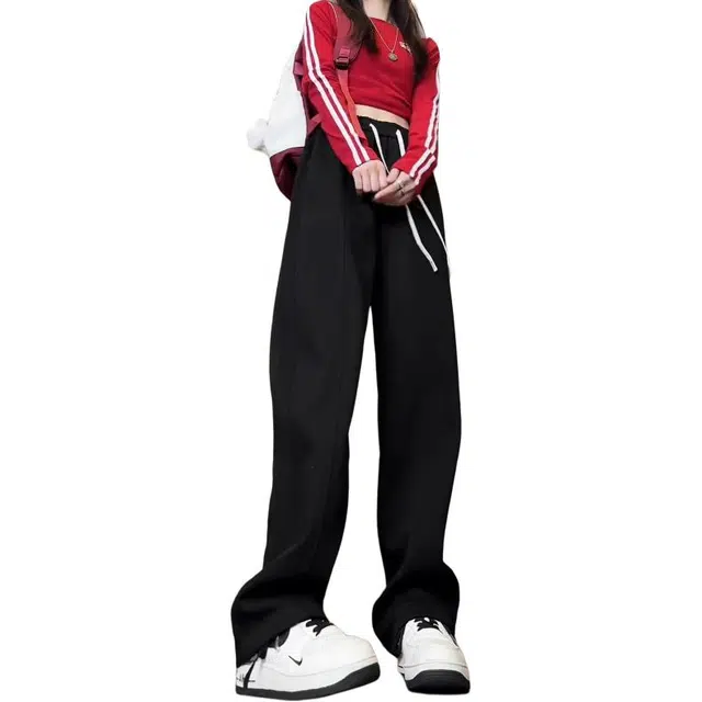 水中花 潮牌高街星星刺绣设计条纹直筒街舞宽松运动长裤休闲裤 女款