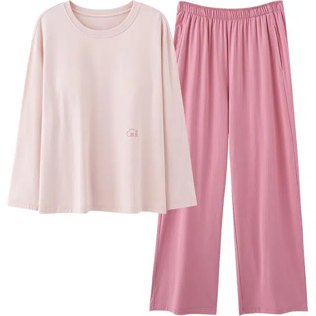 俏佳人  带胸垫圆领套头纯色基础休闲宽松柔软舒适可外穿家居服长袖长裤睡衣套装 女款