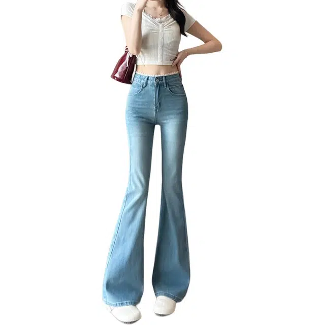 如续 蕾丝阔腿女高腰遮腿型喇叭拖地裤子时尚显腿长舒适修身显瘦牛仔裤 女款