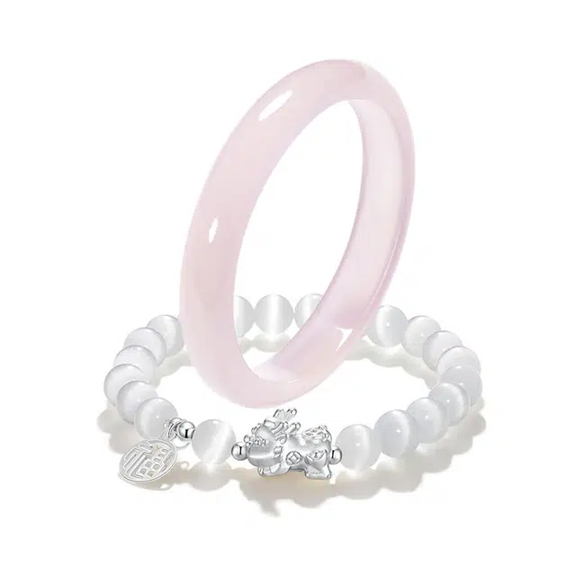 【暴富貔貅 有钱花】 岁月静好 #好运蜜桃粉叮当镯灼灼桃花新中式复古国潮复古汉服旗袍美人镯 一步一响叠戴 玻璃猫眼 手镯 男女同款情侣款