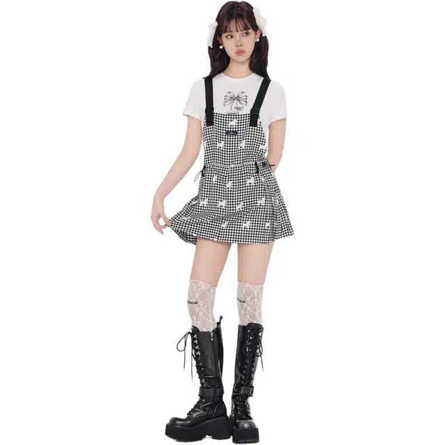 哒头下雨不愁 格子工装背带裙夏季设计感小个子短袖上衣两件裙装套装 女款