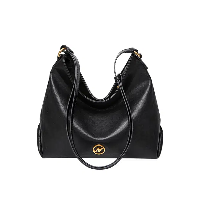 纳兰杜 百搭通勤学院风时尚简约休闲 牛皮拼合成革 托特包手提单肩包 大号 女款 子夜黑/金棕色