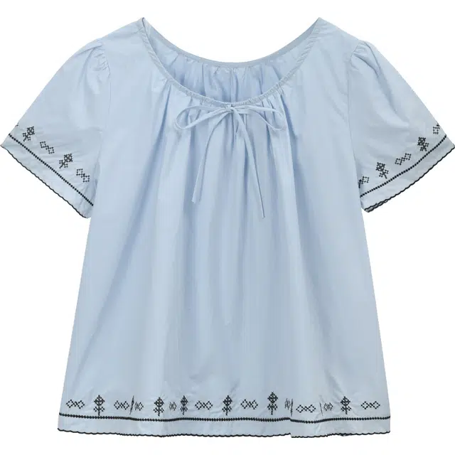 谜秀 撞色刺绣圆领常规短袖法式衬衫 女款 海冰蓝 柠檬黄