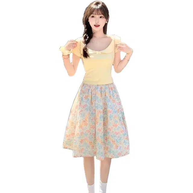 玉儿恋 夏季甜美多巴胺学院风短款小衫半身裙印花减龄裙装套装 女款