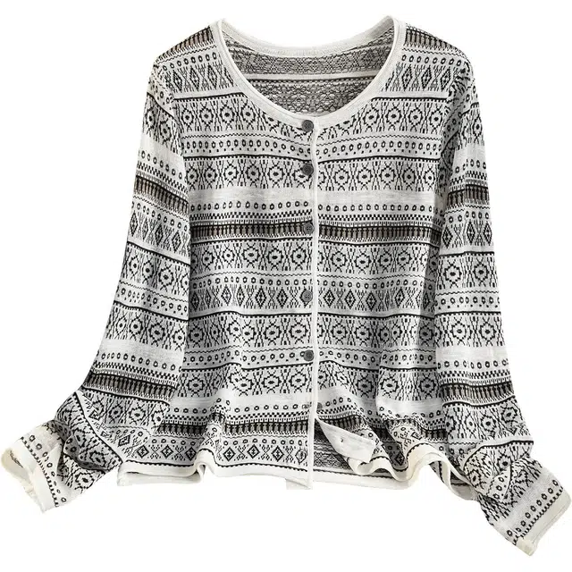 她池 通勤简约圆领单排扣宽松款撞色拼接短款长袖针织衫 女款 黑白花色