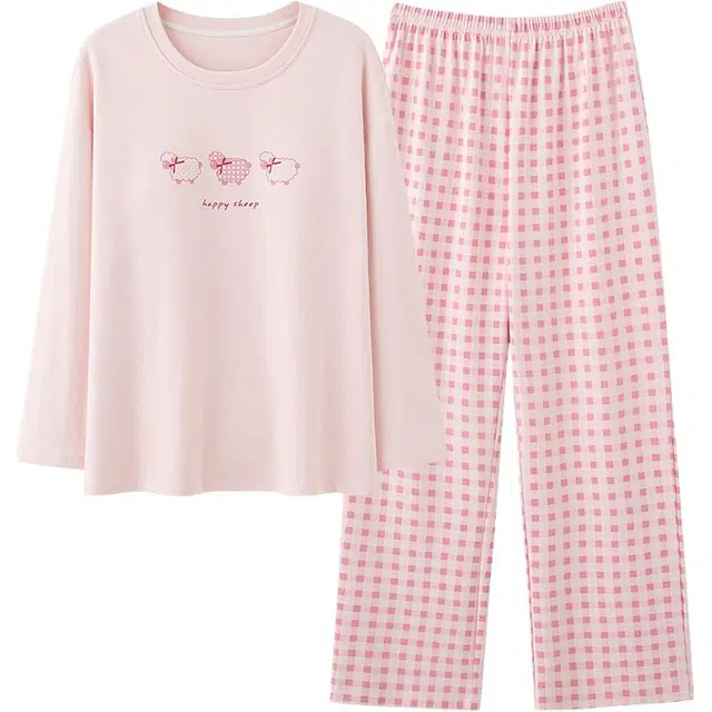 俏佳人 带胸垫纯棉圆领套头卡通格子休闲舒适可外穿长袖长裤时尚家居服睡衣套装 女款