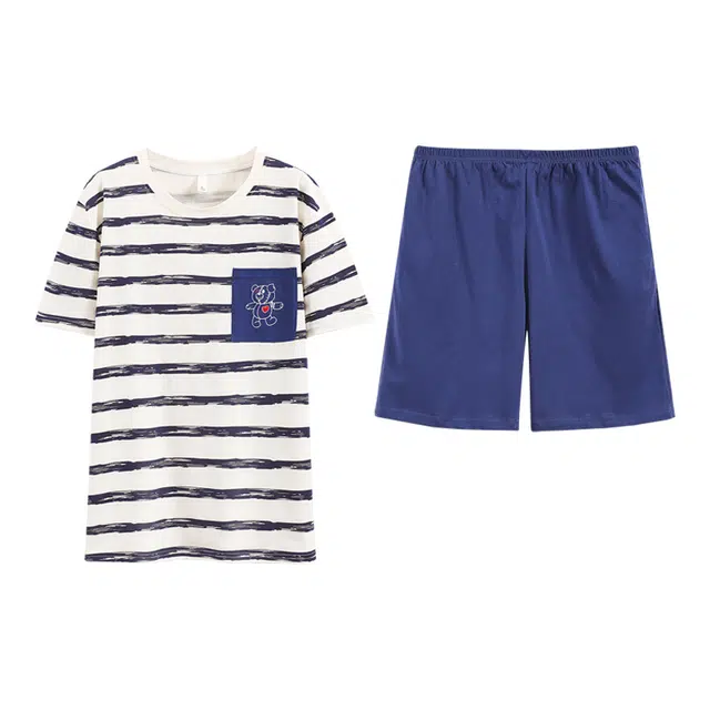 梦特娇 纯棉简约透气亲肤纯色舒适透气家居服短袖三分裤睡衣套装 男款