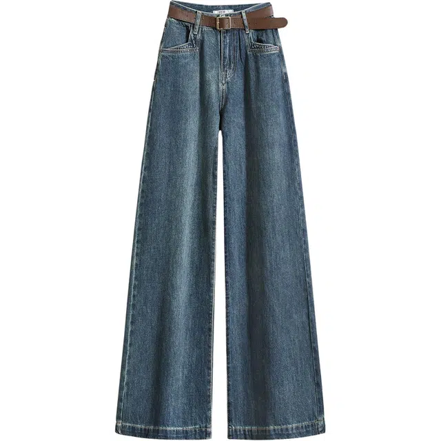 她池 休闲风水洗做旧垂感显瘦高腰阔腿长款牛仔裤 女款