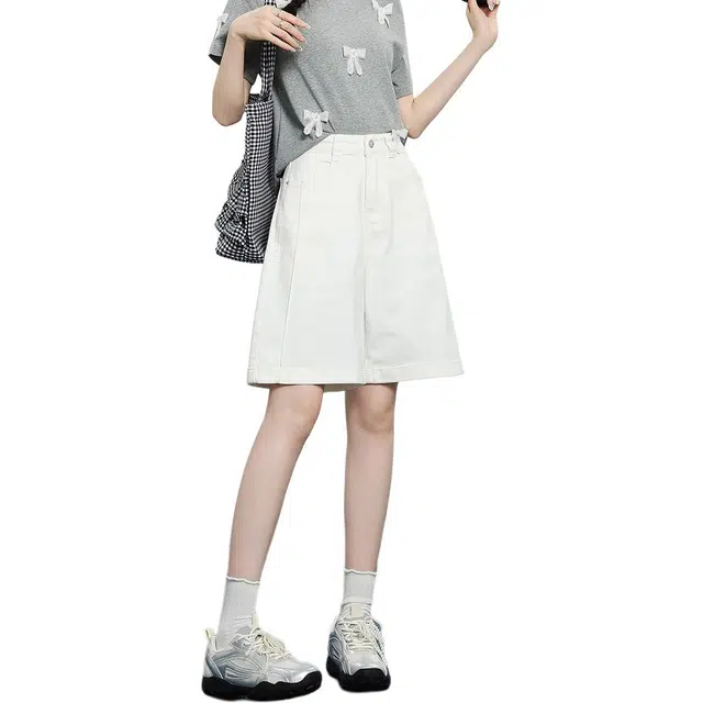 法文箱子 白色阔腿五分纯色宽松高腰牛仔短裤 女款