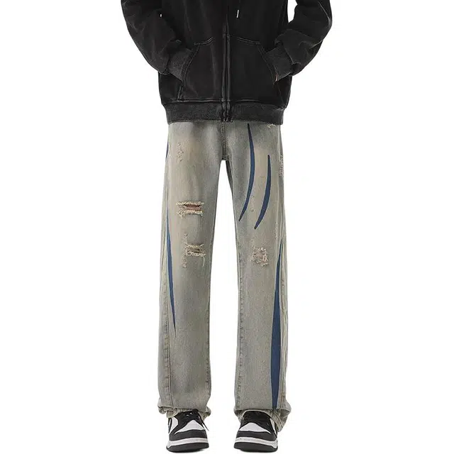 宝米卡 小众设计感破洞宽松直筒潮牌长裤子牛仔裤 男女同款