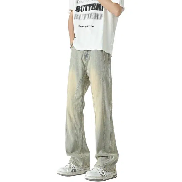 宝米卡 微喇叭长裤水洗做旧复古休闲潮流美式高街牛仔裤 男女同款