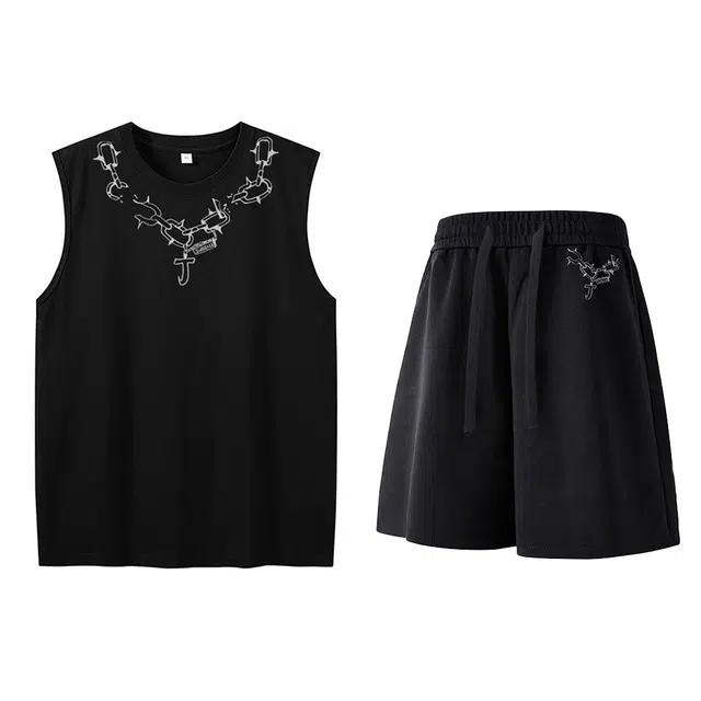 金贝勒 美式复古潮牌高街个性涂鸦锁链环绕字母印花纯棉透气日常百搭户外圆领背心松紧阔腿五分宽松短裤无性别休闲运动套装 男女同款