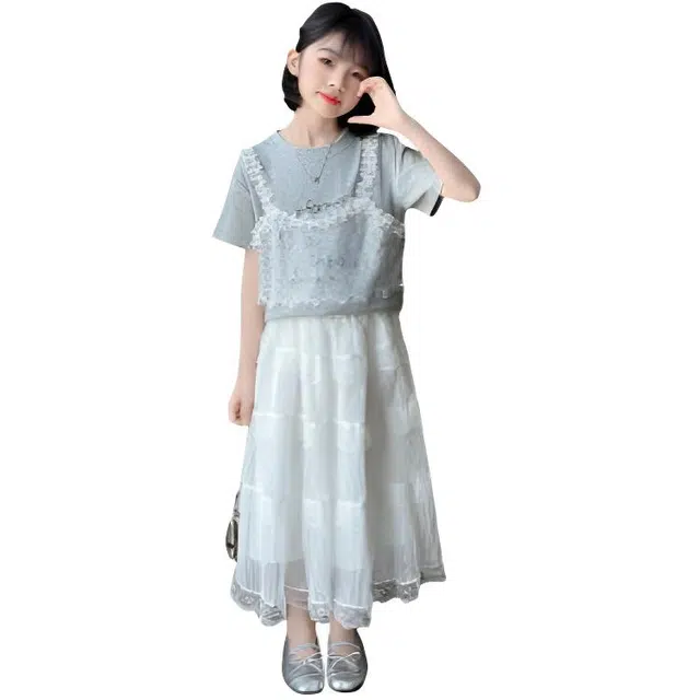 木木兔裙装套装 时髦洋气女童夏装衣服大童潮牌短袖小学生吊带蛋糕裙女孩