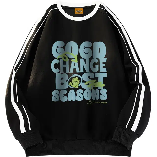 加菲猫家族 美式高街复古字母涂鸦印花潮流双杠条纹肩部运动宽松休闲通勤百搭无性别主义学生党打底上衣圆领套头落肩长袖卫衣 男女同款
