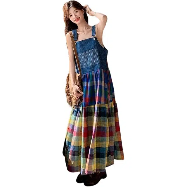 哒头下雨不愁 撞色彩色格子拼接背带女夏季多巴胺穿搭长裙连衣裙 女款