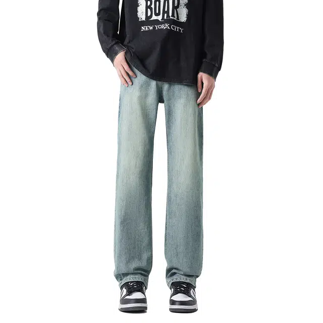 帝狼牛 美式高街复古水洗渐变基础款简约宽松舒适柔软百搭休闲垂感直筒牛仔裤 男女同款