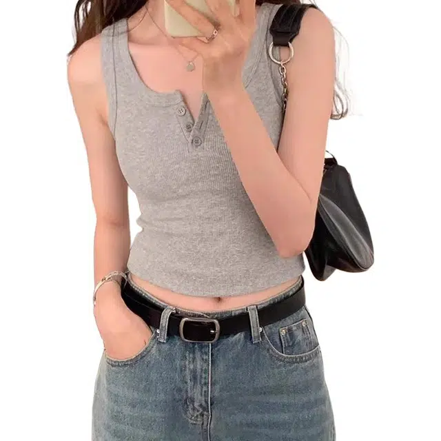 黑恐龙 方领纽扣吊带女内搭带胸垫显瘦设计感上衣外穿背心 女款