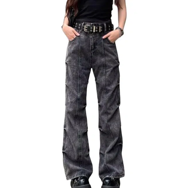 冈哉 美式复古弯刀潮流高街侧边褶皱多褶水洗做旧废土风宽松设计弹性弹力垂感个性潮牌百搭休闲牛仔裤 男女同款