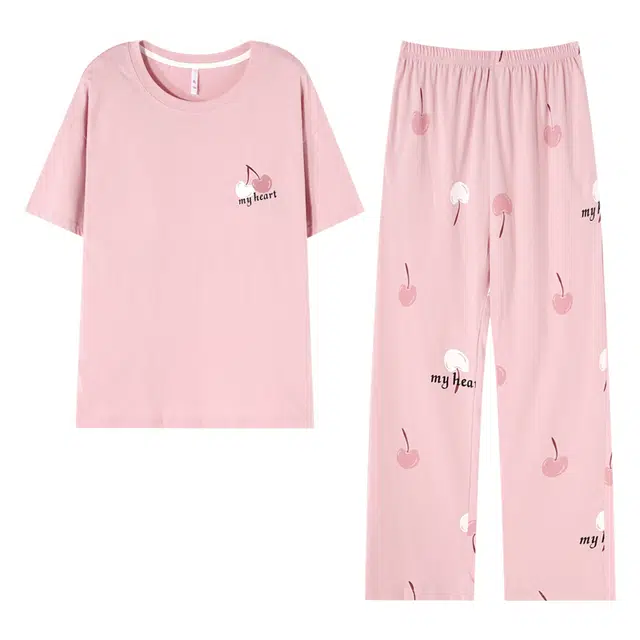 梦特娇 纯棉薄款春夏秋季韩版细腻短袖长裤家居服睡衣套装 女款