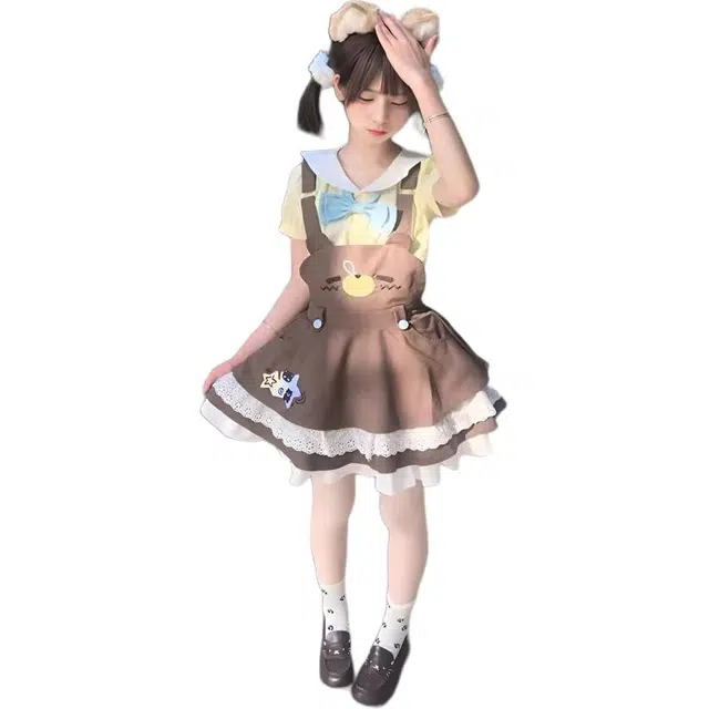 沐晓欣 卡通动漫合身中腰圆领适中短袖裙装套装 女款