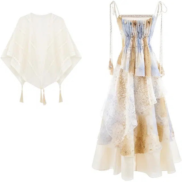 桴生 梦幻度假复古波西米亚风不规则晕染连衣裙与流苏开衫两件套裙装套装 女款