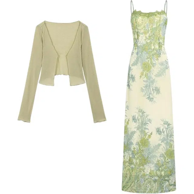 小卷要加油 纯欲风蕾丝拼接印花吊带连衣裙女夏法式气质度假长裙开衫两件套裙装套装 女款