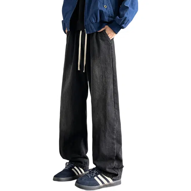 冈哉 冰丝凉感水洗做旧渐变抽绳系带设计宽松舒适透气百搭垂感阔腿休闲牛仔裤 男女同款