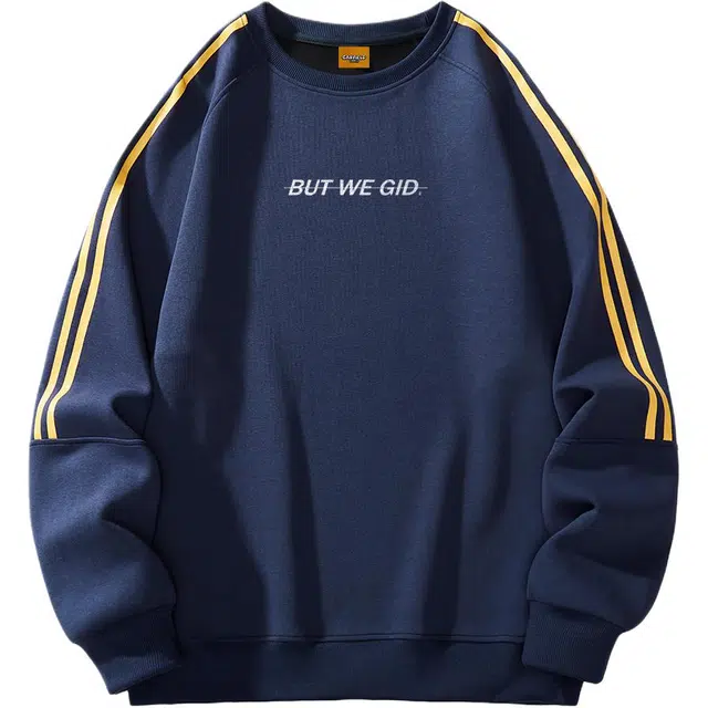 加菲猫家族 美式高街复古字母印花长袖条纹设计两条杠潮流运动宽松休闲通勤百搭亲肤柔软无性别主义加绒打底衫学生党圆领套头卫衣 男女同款