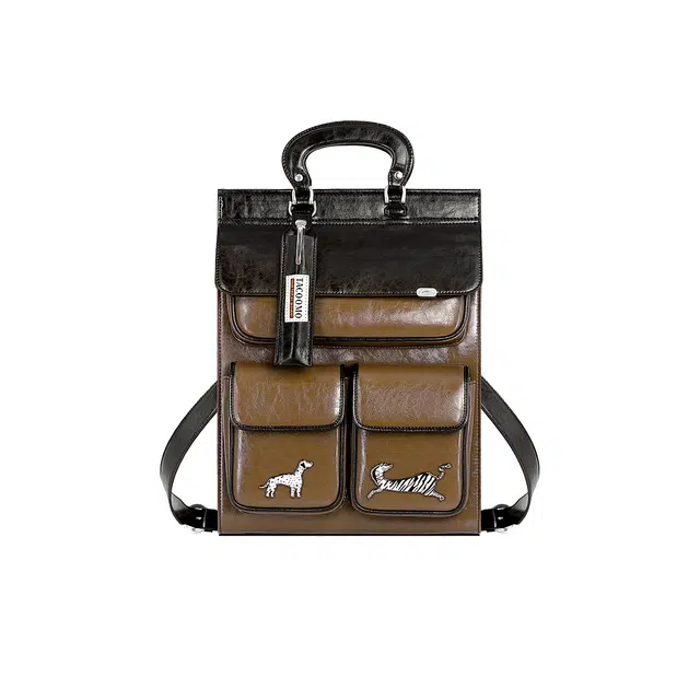 大犬乌马 复古通勤百搭 超纤皮 双肩包 大号 女款 黑棕色