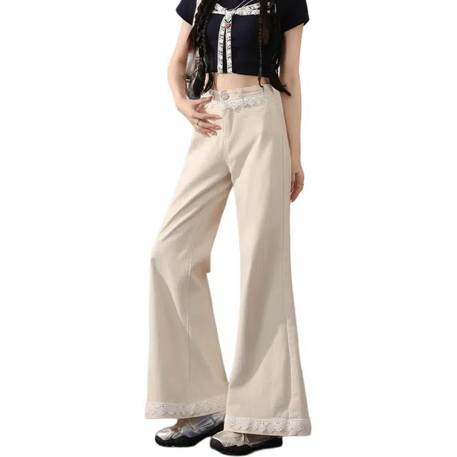 法文箱子 蕾丝花边微喇叭夏季纯色宽松高腰长裤牛仔裤 女款