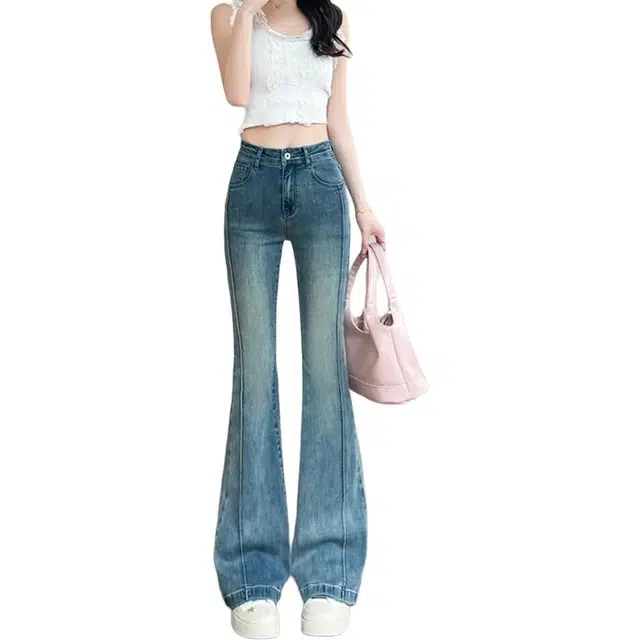 如续 喇叭裤女美式做旧弹力显瘦大长腿微胖遮肉微喇马蹄裤小众设计牛仔裤 女款
