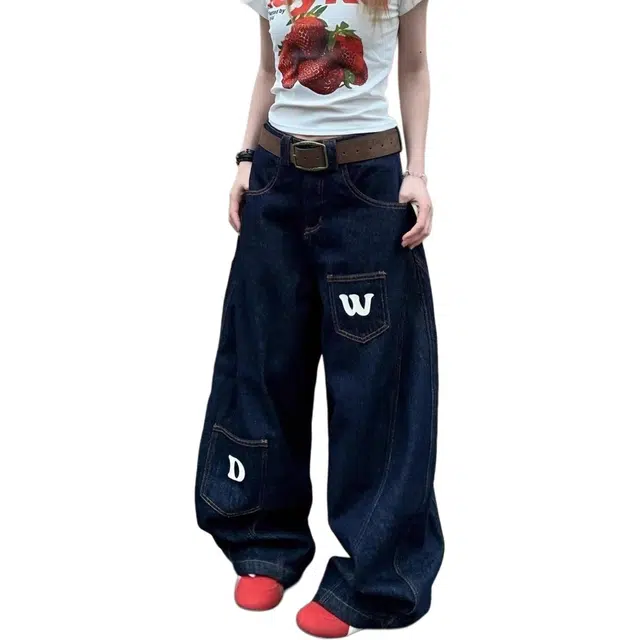 么宁 美式复古弯刀设计感宽松百搭阔腿垂感拖地长裤牛仔裤 女款