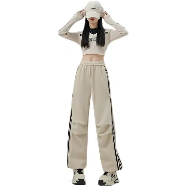 木木兔 潮流时尚美式运动裤小众阔腿裤高腰垂感直筒卫裤慵懒风休闲裤 女款