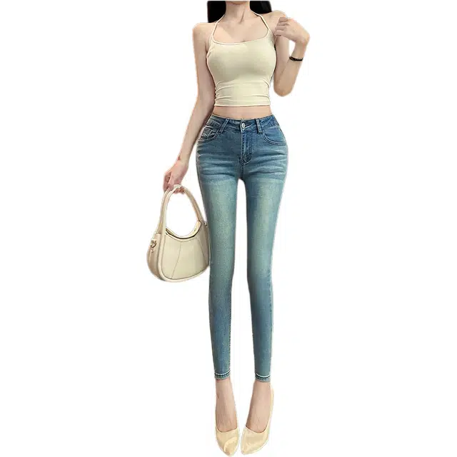 思蓓儿 猫咪纹刺绣韩版辣妹高腰弹力紧身显瘦提臀铅笔九分裤牛仔裤 女款