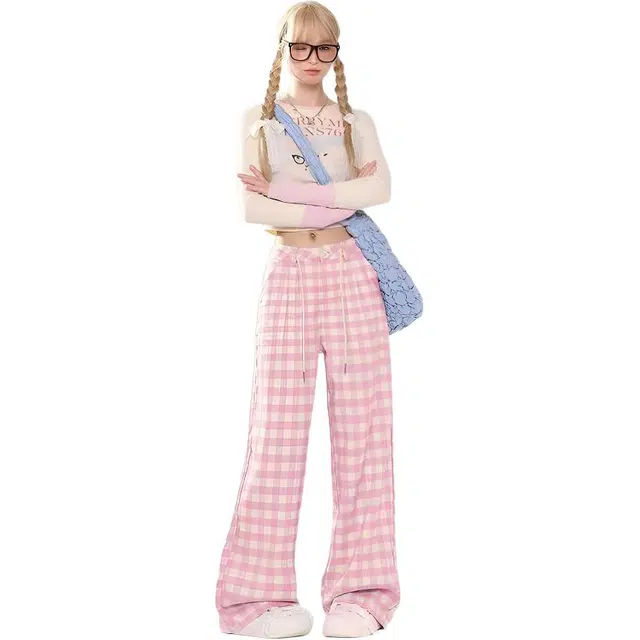 水中花 多巴胺韩系时尚百搭纯欲慵懒风拖地阔腿裤棋盘格子高腰宽松学院风设计感气质运动垂感舒适直筒休闲裤 女款