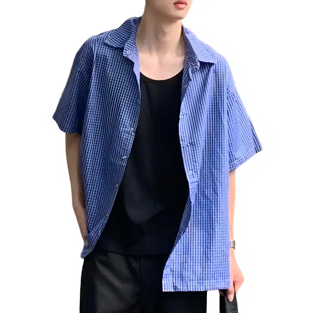 冈哉 美式复古经典格纹衬衣宽松潮流时尚百搭日常通勤休闲舒适短袖衬衫 男女同款