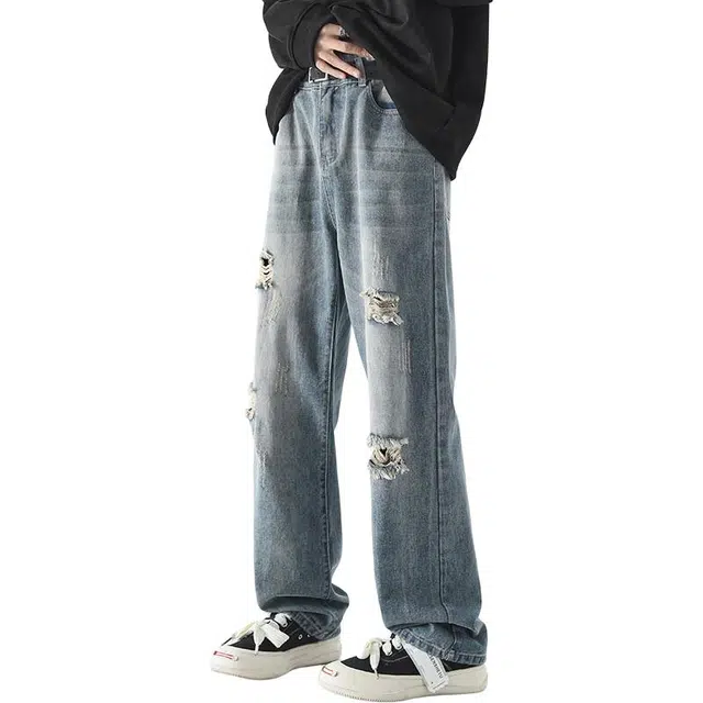 隐狼世家 破洞夏季薄款中腰长裤牛仔裤 男款