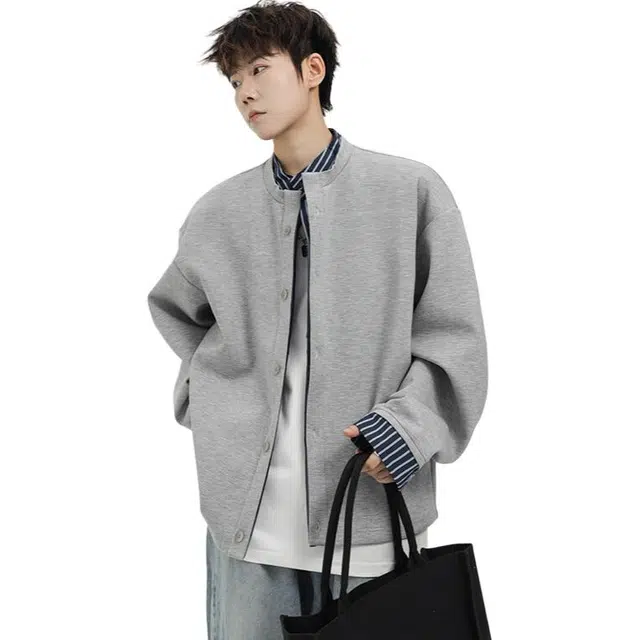 颂希尔 美式条纹假两件开衫潮牌男宽松休闲百搭立领运动外套夹克 男女同款