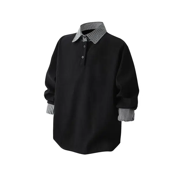 零氏 美式复古高街潮翻领假两件格子拼接情侣套头学院风时尚日常休闲通勤百搭宽松长袖衬衫 男女同款