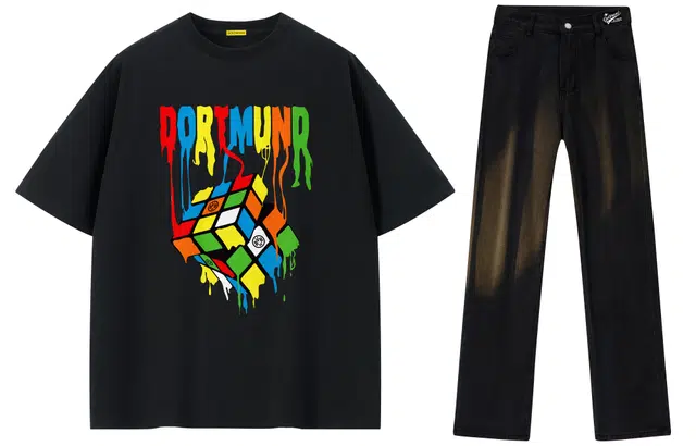 普鲁士多特蒙德 美式复古街头个性创意设计涂鸦卡通魔方队徽潮牌印花宽松舒适百搭透气重磅纯棉速干运动凉感短袖中腰直筒垂顺牛仔裤套装 男女同款