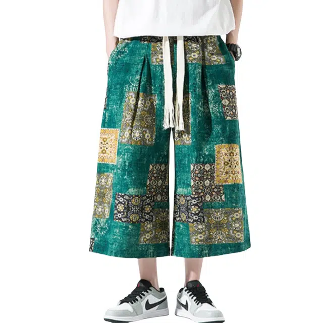 加荣 新中式复古七分裤男夏季轻薄透气潮牌青少年日常出行百搭男裤宽松休闲小众抽绳松紧腰大码中国风棉麻直筒沙滩阔腿裤短裤 男女同款