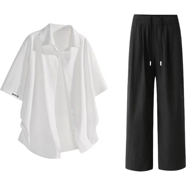 梓润格 夏季通勤风冰丝短袖肌理感垂感山本裤冰感速干运动阔腿休闲裤宽松复古时尚简约经典透气百搭无性别主义潮流设计衬衫套装 男女同款