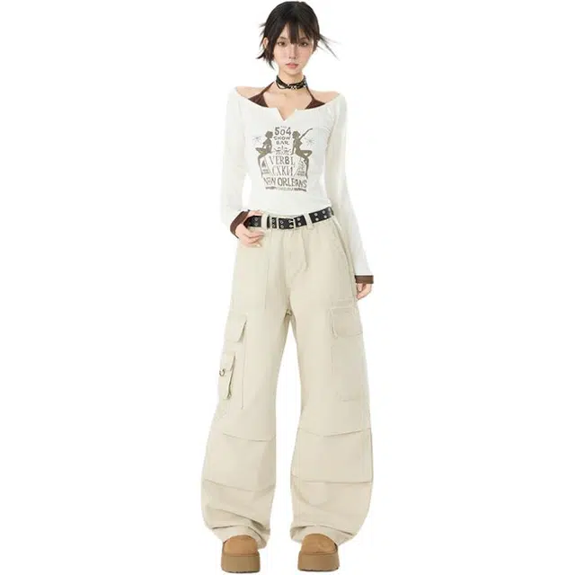 拾籍 美式高街复古百搭宽松休闲时尚多口袋垂感阔腿工装裤 女款